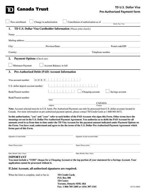 Td Pre Authorized Payment Form Fill Online Printable Fillable