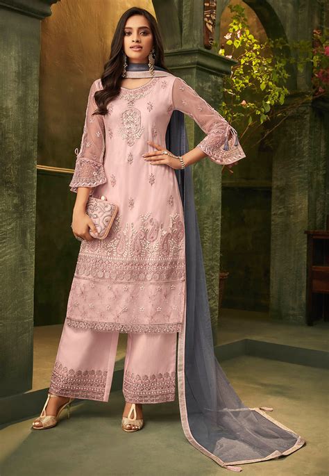 Buy Embroidered Net Pakistani Suit In Light Pink Online Kch