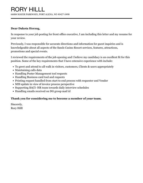 Front Office Executive Cover Letter Velvet Jobs