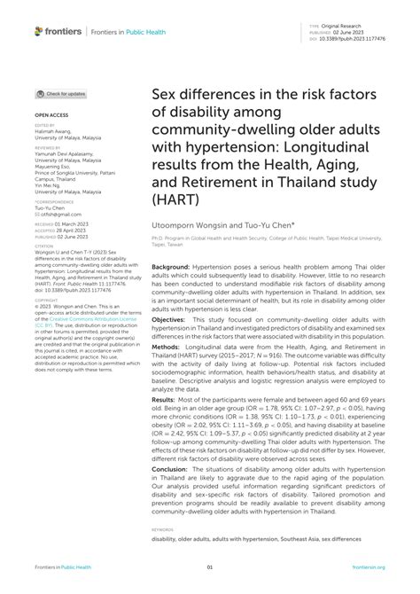 Pdf Sex Differences In The Risk Factors Of Disability Among Community Dwelling Older Adults