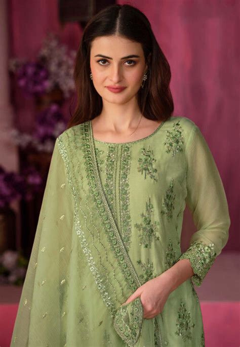 Buy Embroidered Chiffon Pakistani Suit In Green Online Kvg Utsav