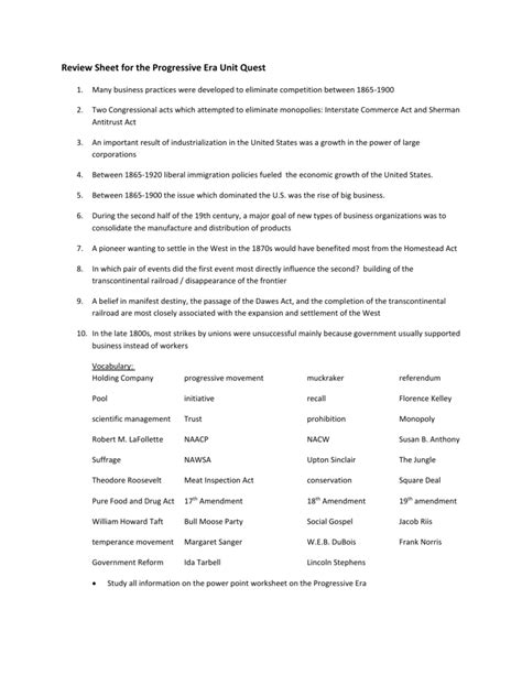 The Progressive Era Worksheet