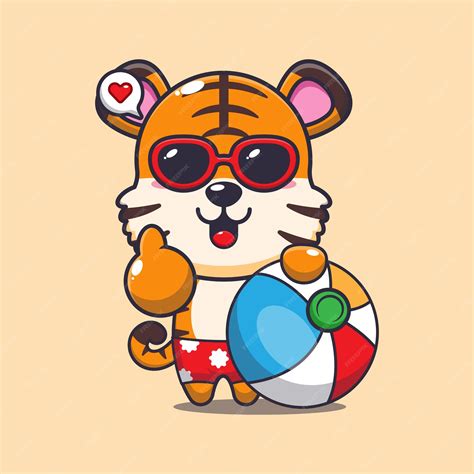 Premium Vector Cute Tiger In Sunglasses With Beach Ball Cartoon Illustration Cute Summer