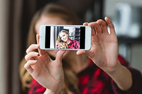 Premium Photo Charming Cheerful Young Woman In Plaid Shirt Taking