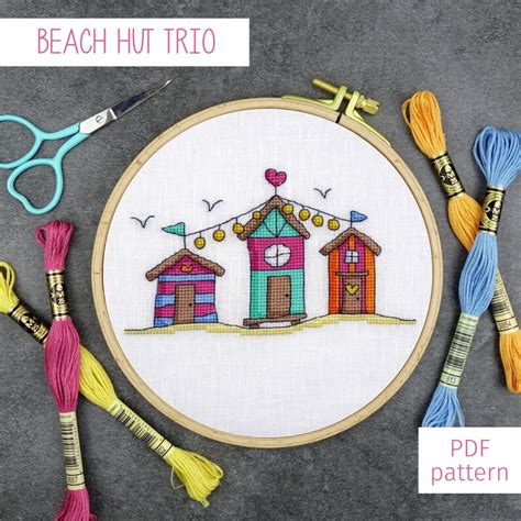 Trio Of Beach Huts Cross Stitch Pattern Colourful Seaside Etsy Uk