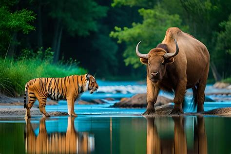 Premium Photo | A tiger and a bull are standing in a river.