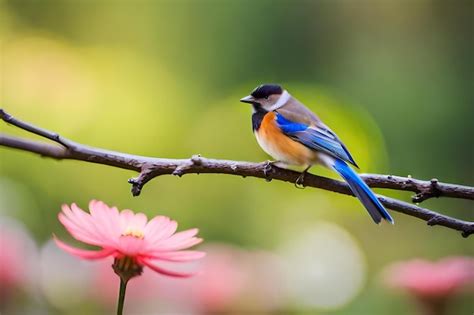 Um P Ssaro Azul E Laranja Est Sentado Em Um Galho Flores Ao Fundo