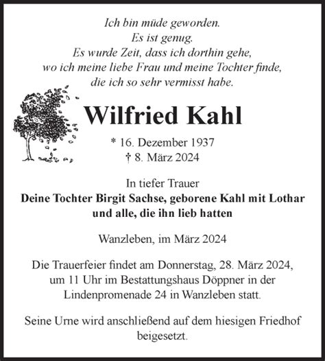 Traueranzeigen Von Wilfried Kahl Abschied Nehmen De