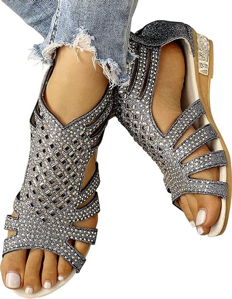 Sandals For Women Casual Summer Women S Rhinestones Cutout Zip Up