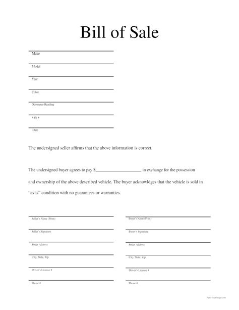 Bill Of Sale Printable Template Free Printable Templates