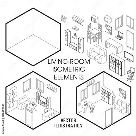 Isometric living room interior constructor. Vector set of isometric Furniture elements of home ...