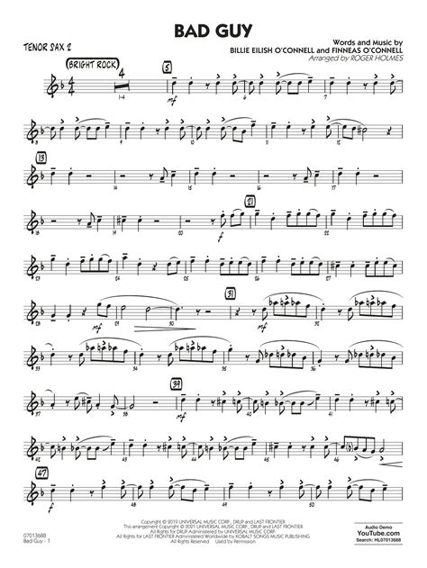 Bad Guy Arr Roger Holmes Tenor Sax 2 By Billie Eilish Sheet Music