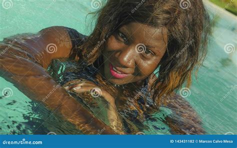 Happy And Beautiful Black African American Woman In Bikini Having Fun