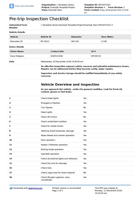 Truck Driver Safety Checklist Free And Customisable Template