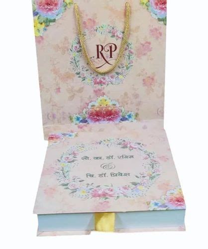 Rectangular Peach Cardboard Printed Box Wedding Cards Leaflet Size