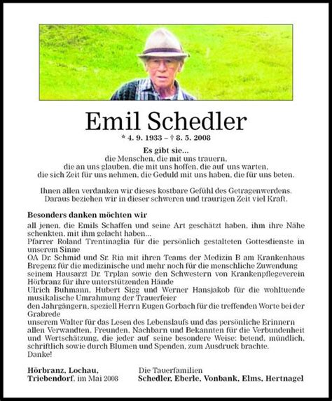 Todesanzeigen Von Emil Schedler Todesanzeigen Vorarlberger Nachrichten