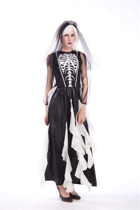 New Adult Ghost Bride Costume Black Skeleton Dress Zombie Wedding Dress