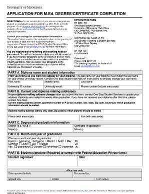 Fillable Online Cehd Umn CEHD Application For Degree Or Certificate
