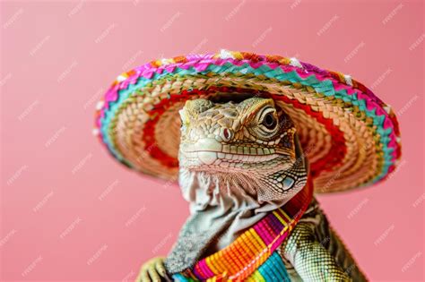 Premium Photo A Mexican Lizard Wearing A Traditional Sombrero Hat And