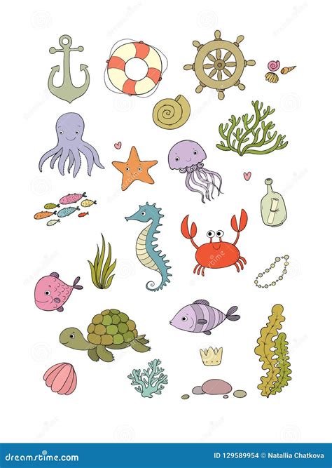 Marine Illustrations Set Vetor Tema Do Mar Objetos Isolados No Fundo