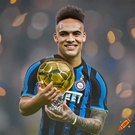 Lautaro Holding The Ballon D Or Award