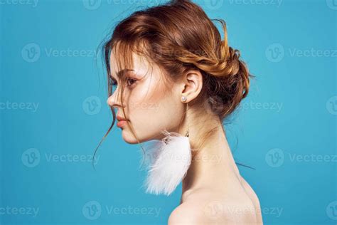 Pretty Woman Naked Shoulders Earrings Jewelry Fashion Blue Background Stock Photo At