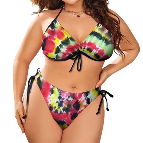 Gzhjmy Women Plus Size Triangle Bikini Sets Spiral Tie Dye Fluid Two Piece Straps Halter