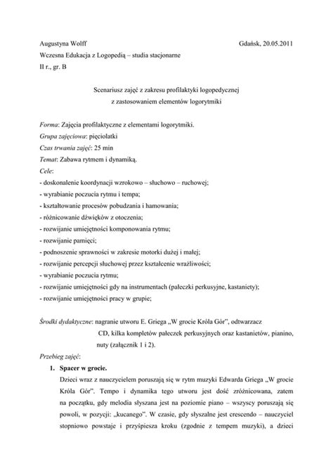 Scenariusz zajęć z zakresu profilaktyki logopedycznej PDF Free Download