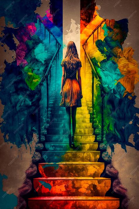 Premium Photo | Girl climbing stairs psychedelic colors finding herself