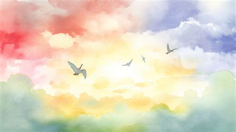 Sky Colorful Clouds Watercolor Bird Background, Watercolor, Sky, The ...