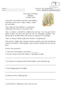 Reading Comprehension The Tale Of Peter Rabbit By Chihab Tpt