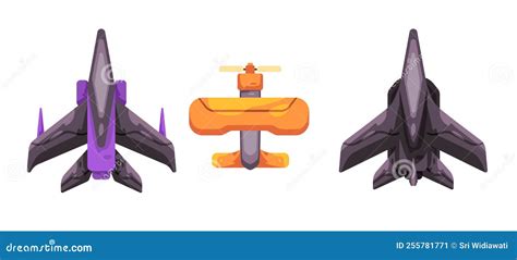 Jet Fighter And Front Propeller Airplane Aircraft Top View In Colorful