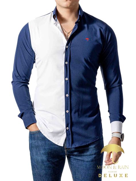 Camisa Hombre Casual Slim Fit Marino Blanca Moon And Rain