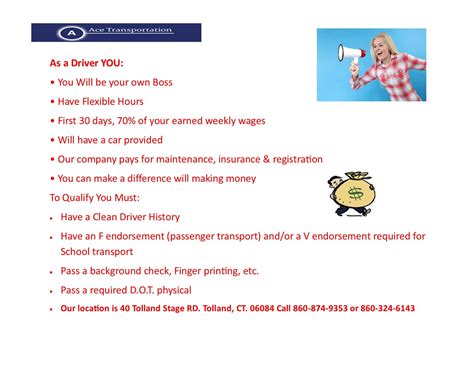 Ace Transportation Llc Drivers Needed Tolland Ct Patch