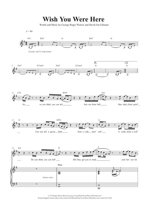 Pink Floyd Wish You Were Here Sheet Music For Alto Sax Solo