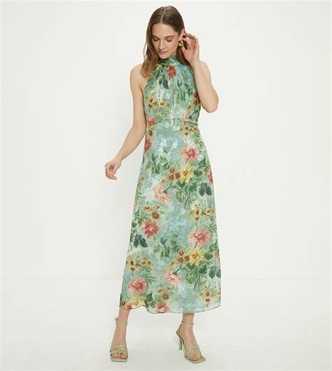 Buy Oasis Floral Satin Burnout Halter Midi Dress In Green Thstreet Uae