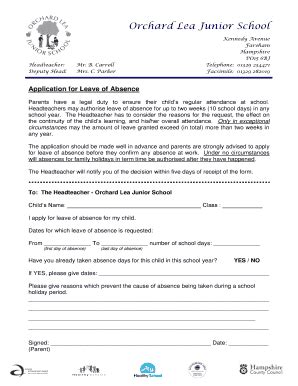 Fillable Online Orchardlea Jun Hants Sch Application For Leave Of