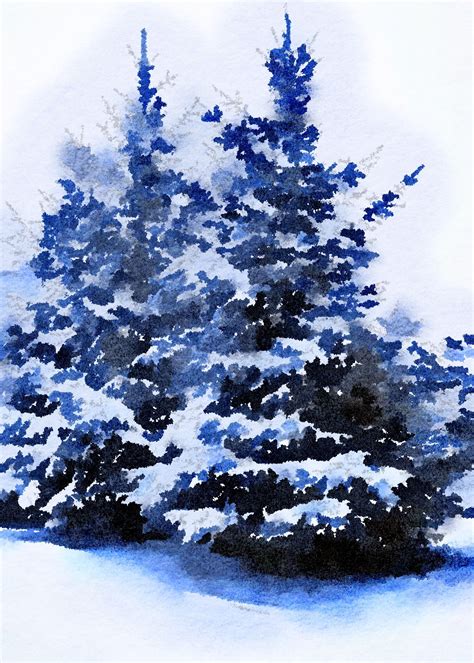 Waterlogue Watercolor Pine Trees In Winter