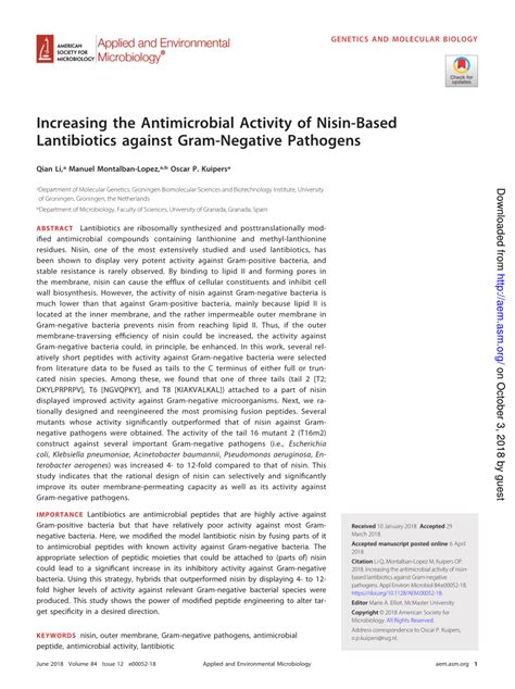 Pdf Increasing Antimicrobial Activity Of Nisin Based Lantibiotics Against Gram Negative Pathogens