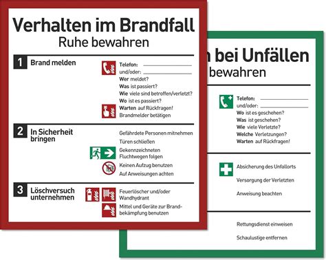 Verhalten im Brandfall und bei Unfällen Schilder Set 18x20cm