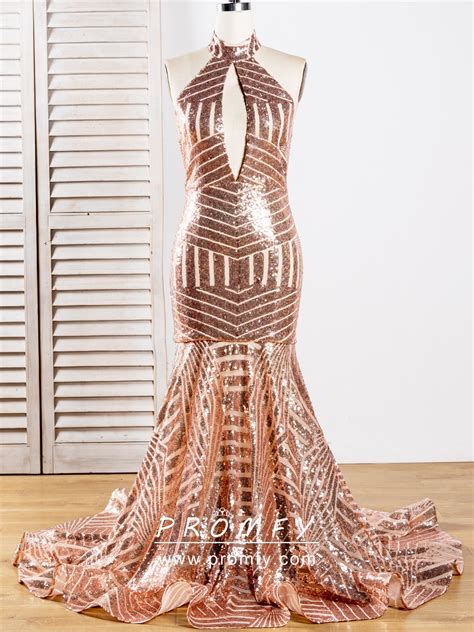 Promfy Cut Out Rose Gold Sequin Open Back Mermaid Prom Dress