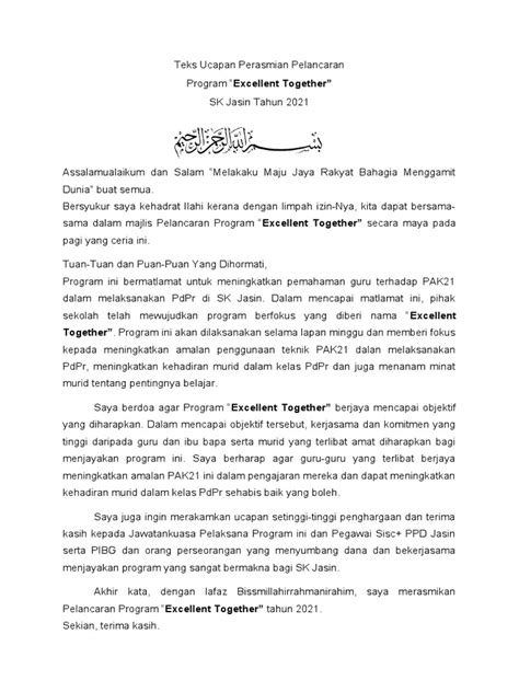 Teks Ucapan Perasmian Pelancaran Program Excellent Together Pdf
