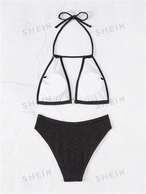 Shein Swim مجموعة بكيني بلون أحادي بياقة العنق المنفصلة للسيدات، طقم