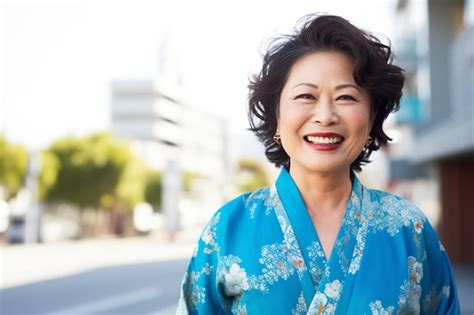 Portrait Of Happy Middle Aged Asian Woman In Blue Kimono Premium Ai