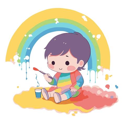 Un niño lindo pintando con pincel y una ilustración vectorial de arco