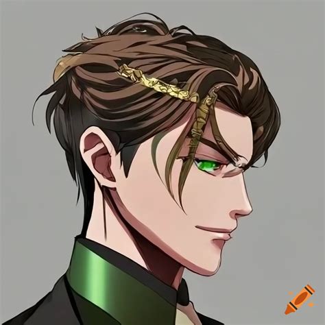 Manhwa Character With Slicked Back Brown Hair In Black Suit And Green