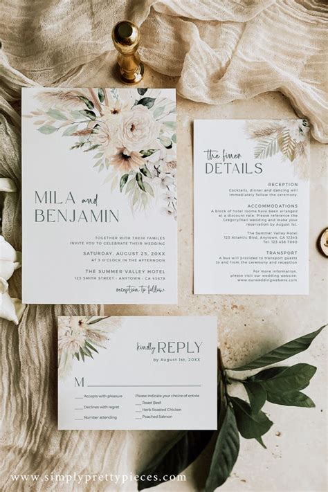 Boho Wedding Invitation Suite Sage Green Invite Set Pampas Grass