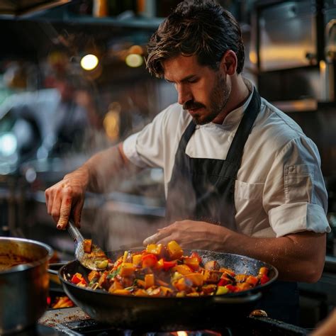 Premium Photo Male Chef Cooking In A Commercial Kitchen