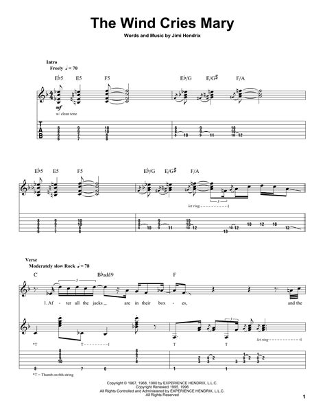 The Wind Cries Mary Sheet Music Jimi Hendrix Guitar Tab Single Guitar