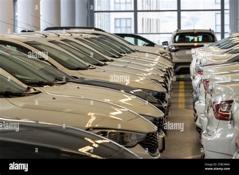 Used Car Sales Cars In A Row Car Dealer Inventory Indoor Garage Stock